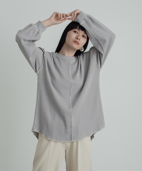miette（ミエット）の「ﾜｯﾌﾙ配色ｽﾃｯﾁﾄｯﾌﾟｽ（Tシャツ/カットソー・レディース・ライトブルー/ブラック/アイボリー・FREE）」の3枚目の写真