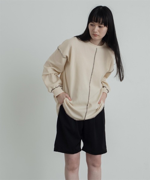 miette（ミエット）の「ﾜｯﾌﾙ配色ｽﾃｯﾁﾄｯﾌﾟｽ（Tシャツ/カットソー・レディース・ライトブルー/ブラック/アイボリー・FREE）」の4枚目の写真