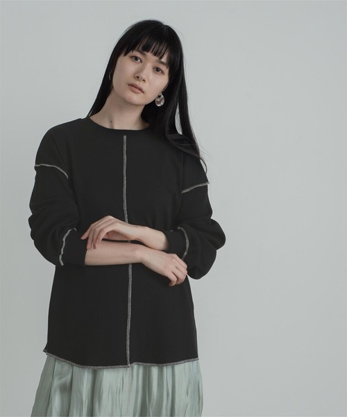 miette（ミエット）の「ﾜｯﾌﾙ配色ｽﾃｯﾁﾄｯﾌﾟｽ（Tシャツ/カットソー・レディース・ライトブルー/ブラック/アイボリー・FREE）」の15枚目の写真
