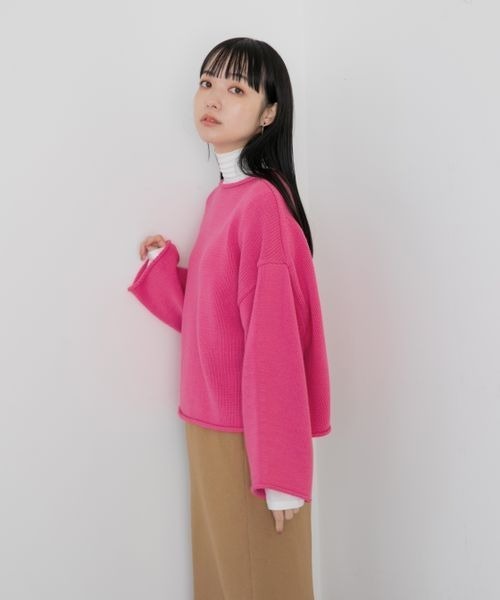 LOWRYS FARM（ローリーズファーム）の「クロップドクルンニットＬＳ　263039（ニット/セーター・レディース・オフホワイト/ブラック/グリーン/ピンク・FREE）」の9枚目の写真