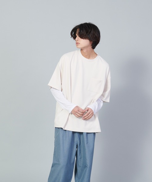 UNIIT(ユニット)の「【UNIIT/ユニット】フクレジャガードリアルレイヤードルーズTシャツ 7分袖ポケットTシャツ 天竺ロンT セットアップ(Tシャツ/カットソー・メンズ・グリーン/ベージュ/ブラック・SMALL/MEDIUM/LARGE)」の1枚目の写真