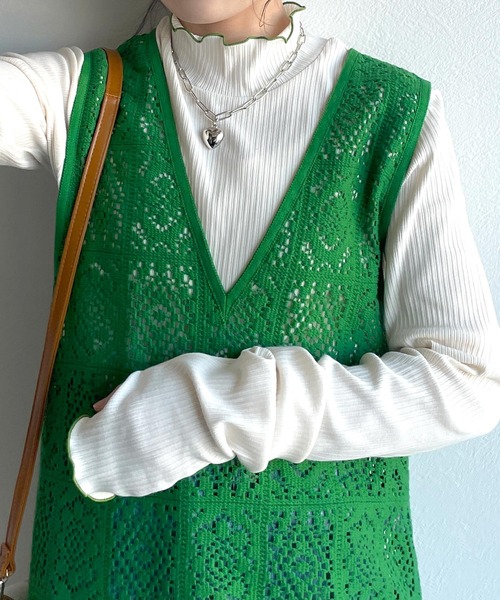 w closet（ダブルクローゼット）の「レースパイピングVネックワンピース（ワンピース・レディース・グリーン/キナリ/ブラック/ブラウン・FREE）」の21枚目の写真