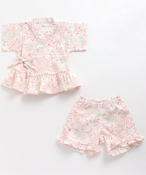 apres les cours(アプレレクール)の「水彩花火柄甚平(浴衣・キッズ・ピンク/ブルー・90/100/110/120/80/130)」の2枚目の写真