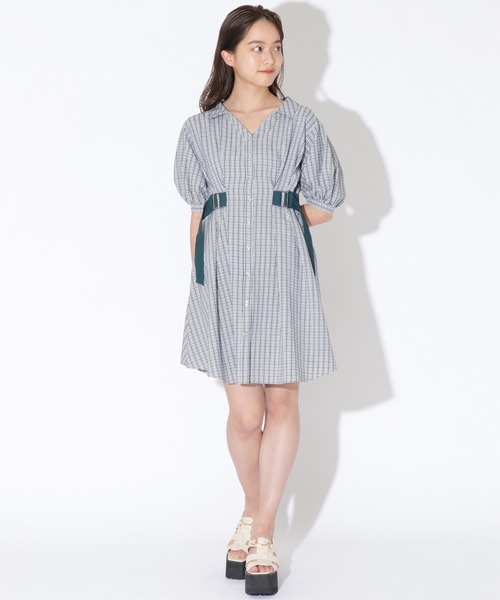 チェック配色ダブルバックル スカラ シャツ ワンピース REDYAZEL セール 50%OFF】チェック配色ダブルバックルスカラシャツ