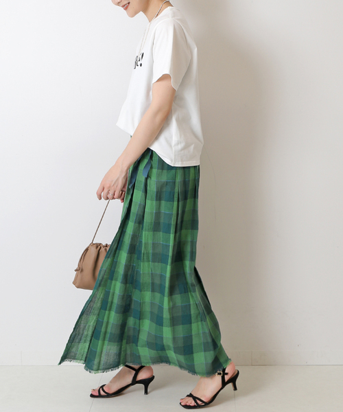 SLOBE IENA（スローブイエナ）の「リネンチェックタックキルトスカート（スカート・レディース・オレンジ/グリーン・FREE）」の5枚目の写真