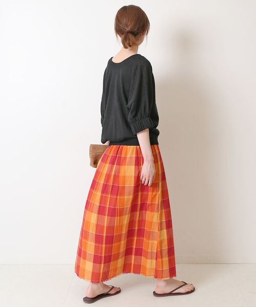 SLOBE IENA（スローブイエナ）の「リネンチェックタックキルトスカート（スカート・レディース・オレンジ/グリーン・FREE）」の14枚目の写真