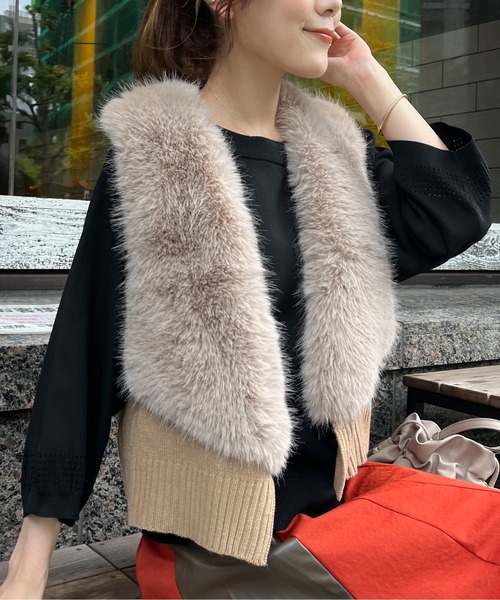Chez toi(シェトワ)の「フェイクファー×ニットジレ(ベスト・レディース・カーキ/ベージュ・FREE)」の6枚目の写真