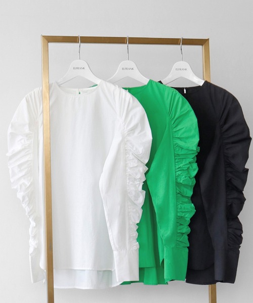 ELFRANK(エルフランク)の「ギャザースリーブコットンブラウス(シャツ/ブラウス・レディース・ブラック/オフホワイト/グリーン・FREE)」の10枚目の写真
