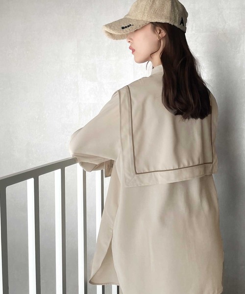 classicalelf（クラシカルエルフ）の「1枚でレディ映え。配色パイピングスクエアカラータックブラウス（シャツ/ブラウス・レディース・ライトベージュ/アイボリー/オレンジ/ブラック・SMALL/MEDIUM/LARGE/X-LARGE）」の3枚目の写真