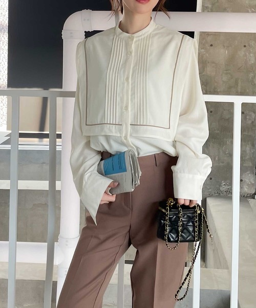 classicalelf（クラシカルエルフ）の「1枚でレディ映え。配色パイピングスクエアカラータックブラウス（シャツ/ブラウス・レディース・ライトベージュ/アイボリー/オレンジ/ブラック・SMALL/MEDIUM/LARGE/X-LARGE）」の8枚目の写真