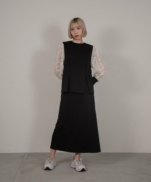 I_am（アイアム）の「design line tuck flare skirt / デザインラインタックフレアスカート（スカート・レディース・グリーン/ブラック/アイボリー・FREE）」の7枚目の写真