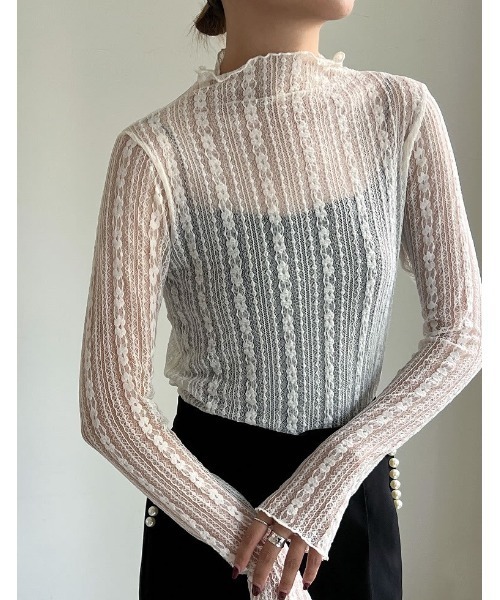 指穴ハイネックレースシアートップス