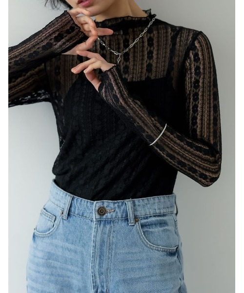 指穴ハイネックレースシアートップス