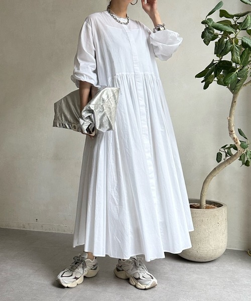 DouDou(ドゥドゥ)の「ギャザー切替ワンピース(ワンピース・レディース・ネイビー/オフホワイト/ブルー/ピンク/カーキ・FREE)」の6枚目の写真