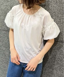 フラワーレースパフ袖リブプルオーバー