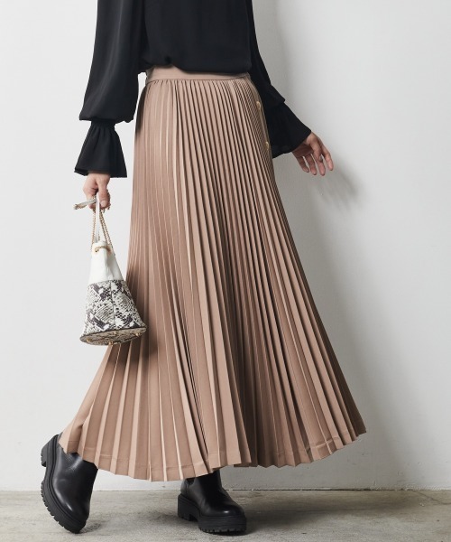 グレー プリーツロングスカート サイドボタン付き CHIC STYLE（シックスタイル）の「 サイドボタンプリーツロング