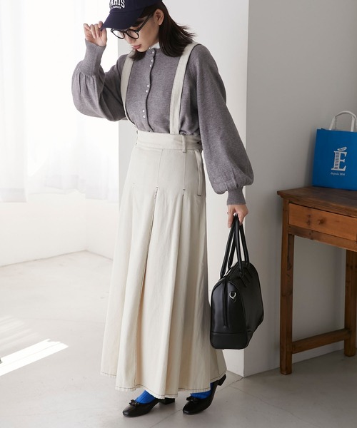 BONLECILL（ボンルシール）の「2way サスペンダー付きボックスプリーツデニムスカート（デニムスカート・レディース・ネイビー/ブルー/アイボリー/ブラック・FREE）」の7枚目の写真