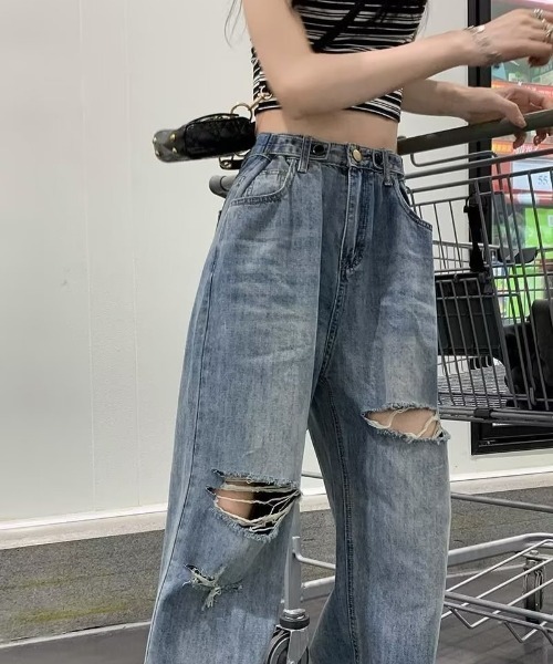 DEVICE(デバイス)の「古着風 ルーズクラッシュ ダメージ ストレート ウォッシュ デニムパンツ(デニムパンツ・レディース・ブルー/ブラック・FREE)」の14枚目の写真