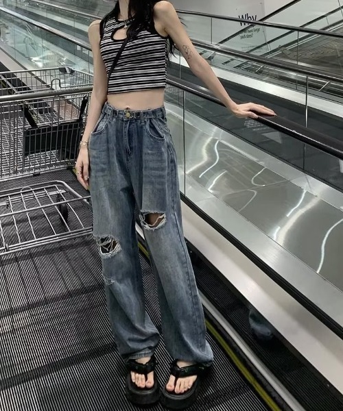 オシャレ クラッシュ ルーズ デニムパンツ CANVAS+ ジーンズ デニム デニムパンツ 「CANVAS+」クラッシュ