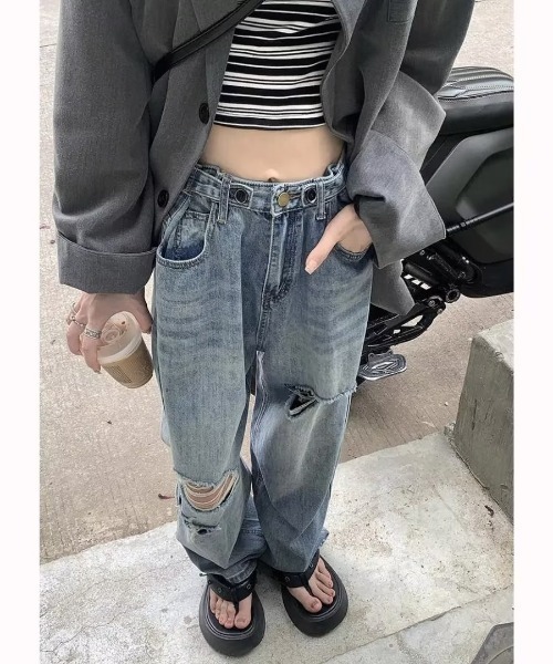 DEVICE(デバイス)の「古着風 ルーズクラッシュ ダメージ ストレート ウォッシュ デニムパンツ(デニムパンツ・レディース・ブルー/ブラック・FREE)」の17枚目の写真