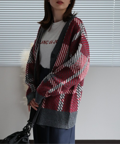 セール】配色ジャガードチェックカーディガン（カーディガン/ボレロ