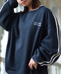 【0】ハートモチーフ刺繍 袖ライン サークルロゴ ラフスウェット/ストリートデザイン/ビッグシルエット/ 大人こなれ感/ ユニセックス/ 裏起毛/ 24AW