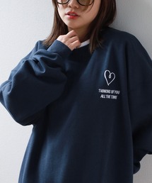 【0】ハートモチーフ刺繍 袖ライン サークルロゴ ラフスウェット/ストリートデザイン/ビッグシルエット/ 大人こなれ感/ ユニセックス/ 裏起毛/ 24AW