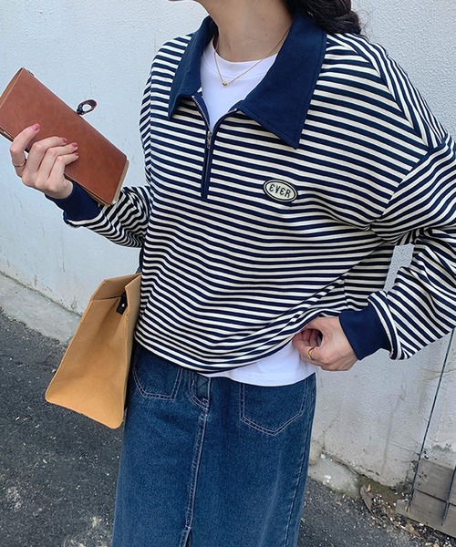 ボーダーハーフジップポロシャツトレーナー（ポロシャツ）｜aimoha（アイモハ）