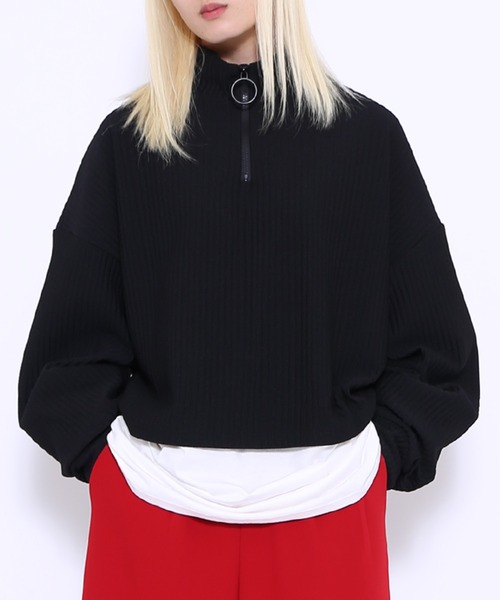 PUNYUS(プニュズ)の「ハーフZIPクロップドトップ(スウェット・レディース・レッド/ブラック/ダークグレー/カーキ/ブラウン/ブルー・3/1/4/2)」の12枚目の写真