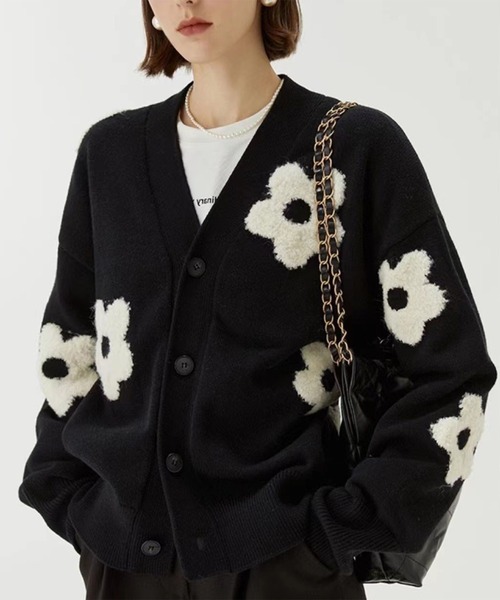 美品　Rene ルネ　ノーカラージャケット　ニットカーディガン　フラワー　ジップ 美品 Rene ルネ ノーカラージャケット ニットカーディガン