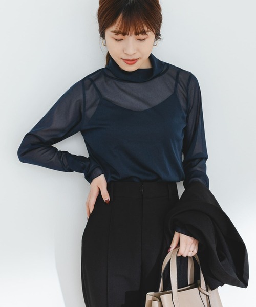 F by ROSSO（エフバイロッソ）の「F by ROSSO　シアーハイネックプルオーバー（Tシャツ/カットソー・レディース・ネイビー/オフホワイト・FREE）」の2枚目の写真