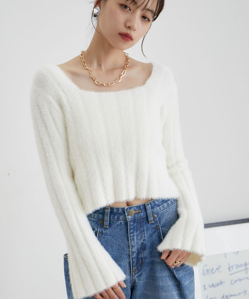 VIS（ビス）の「スクエアネックワイドリブシャギーニット【WEB・アウトレット限定】（ニット/セーター・レディース・ブラック/サックスブルー/オフホワイト・FREE）」の2枚目の写真