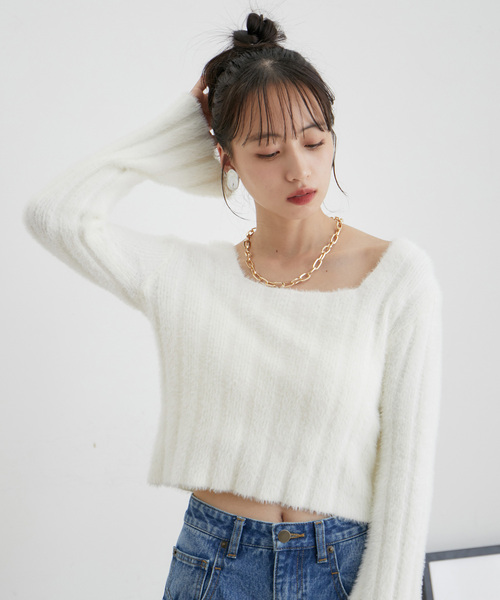 VIS（ビス）の「スクエアネックワイドリブシャギーニット【WEB・アウトレット限定】（ニット/セーター・レディース・ブラック/サックスブルー/オフホワイト・FREE）」の9枚目の写真