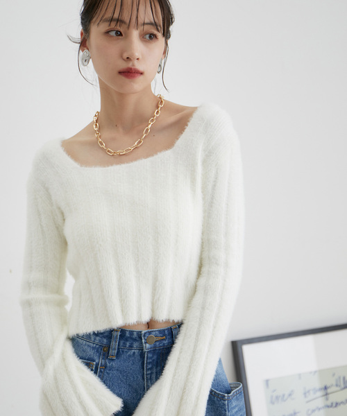 VIS（ビス）の「スクエアネックワイドリブシャギーニット【WEB・アウトレット限定】（ニット/セーター・レディース・ブラック/サックスブルー/オフホワイト・FREE）」の11枚目の写真