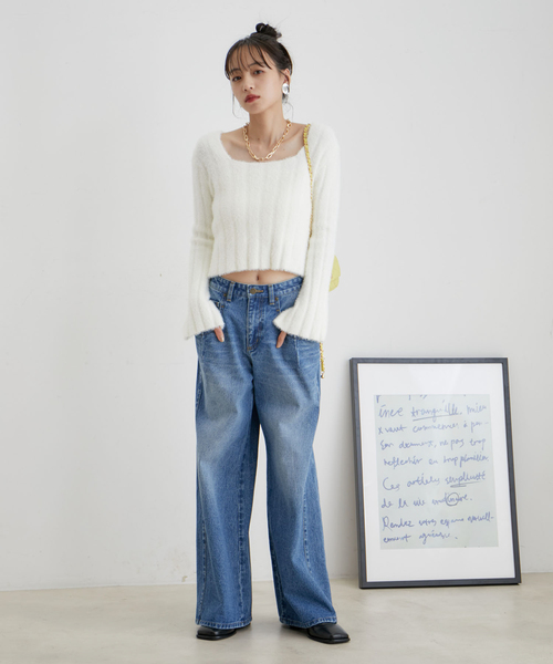 VIS（ビス）の「スクエアネックワイドリブシャギーニット【WEB・アウトレット限定】（ニット/セーター・レディース・ブラック/サックスブルー/オフホワイト・FREE）」の14枚目の写真