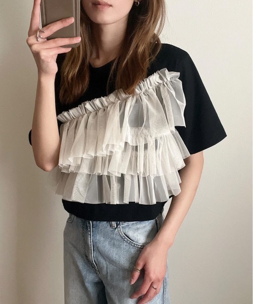 each（イーチ）の「チュールフリルビスチェ付Tシャツ（Tシャツ/カットソー・レディース・ブラック/ホワイト/ブラック系その他7/ホワイト×ブラック・FREE）」の4枚目の写真