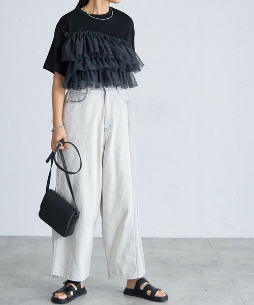 each（イーチ）の「チュールフリルビスチェ付Tシャツ（Tシャツ/カットソー・レディース・ブラック/ホワイト/ブラック系その他7/ホワイト×ブラック・FREE）」の6枚目の写真