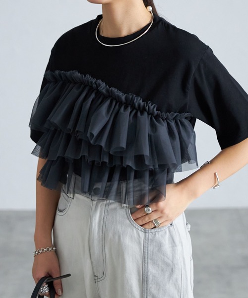 each（イーチ）の「チュールフリルビスチェ付Tシャツ（Tシャツ/カットソー・レディース・ブラック/ホワイト/ブラック系その他7/ホワイト×ブラック・FREE）」の14枚目の写真