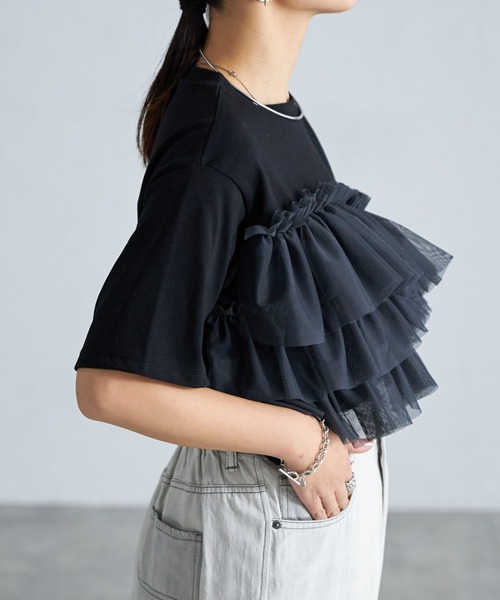 each（イーチ）の「チュールフリルビスチェ付Tシャツ（Tシャツ/カットソー・レディース・ブラック/ホワイト/ブラック系その他7/ホワイト×ブラック・FREE）」の15枚目の写真
