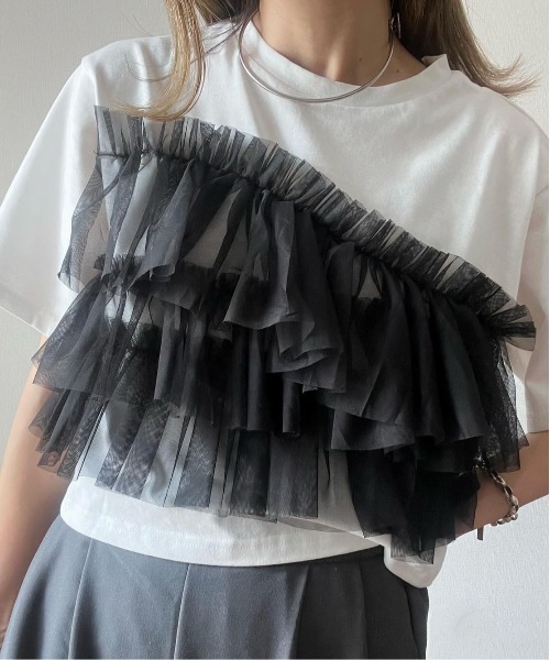 each（イーチ）の「チュールフリルビスチェ付Tシャツ（Tシャツ/カットソー・レディース・ブラック/ホワイト/ブラック系その他7/ホワイト×ブラック・FREE）」の19枚目の写真