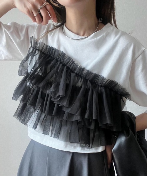 each（イーチ）の「チュールフリルビスチェ付Tシャツ（Tシャツ/カットソー・レディース・ブラック/ホワイト/ブラック系その他7/ホワイト×ブラック・FREE）」の20枚目の写真