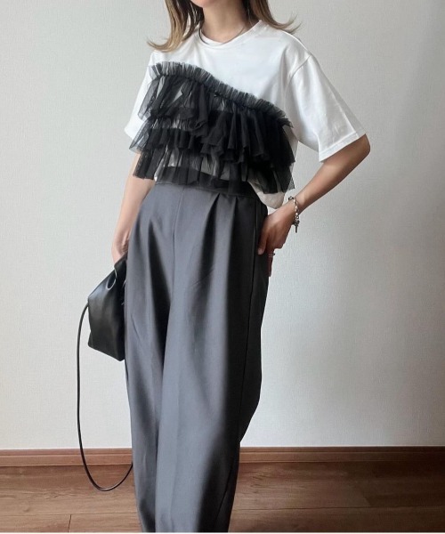 each（イーチ）の「チュールフリルビスチェ付Tシャツ（Tシャツ/カットソー・レディース・ブラック/ホワイト/ブラック系その他7/ホワイト×ブラック・FREE）」の22枚目の写真