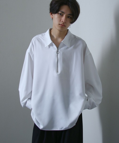 NILWAY(ニルウェイ)の「Half Zip Loose Shirt / ハーフリングジップルーズシャツ(シャツ/ブラウス・メンズ・ブラック/グレイッシュベージュ/ホワイト系/ホワイト系1/ブラック系2/ホワイト/ライトグレー/ブラック系1/ネイビー/チャコール/ブラック系・MEDIUM/LARGE)」の2枚目の写真
