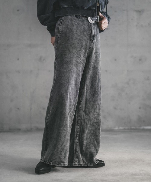 セール】ケミカルウォッシュハードブリーチワイドフレアデニムパンツ