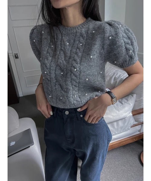 SALTMINT（ソルトミント）の「ケーブルパールニットトップス（ニット/セーター・レディース・ブラック/グレー/ホワイト・FREE）」の3枚目の写真