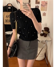 ケーブルパールニットトップス