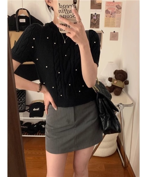 SALTMINT（ソルトミント）の「ケーブルパールニットトップス（ニット/セーター・レディース・ブラック/グレー/ホワイト・FREE）」の7枚目の写真