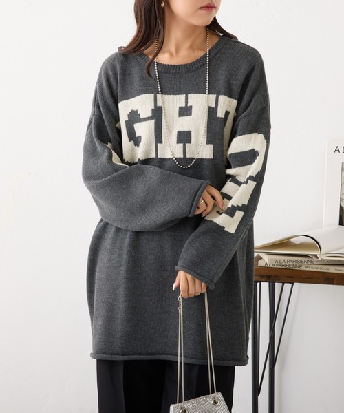 continuer de NICE CLAUP(コンティニューデナイスクラップ)の「【前後2Way】ロゴビッグニット(ニット/セーター・レディース・チャコールグレー/トップグレー/アイボリー・FREE)」の5枚目の写真