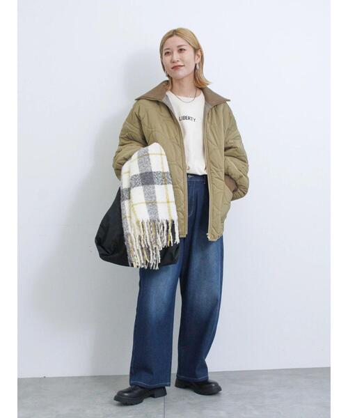 Samansa Mos2 blue（サマンサモスモスブルー）の「リブハイネックキルトジャケット（ノーカラージャケット・レディース・キナリ/カーキ/チャコールグレー・F）」の14枚目の写真