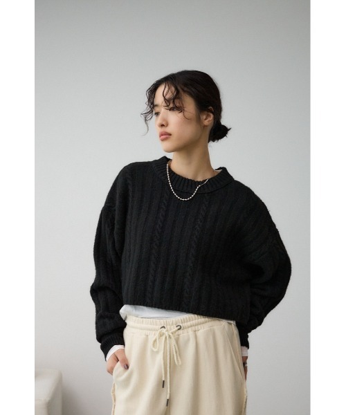 AZUL by moussy（アズールバイマウジー）の「ショートケーブルニットトップス（ニット/セーター・レディース・ブルー/杢グレー/ライトベージュ/ピンク/ライトグレー/アイボリー/ブラック・FREE）」の9枚目の写真
